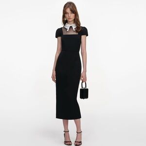 Self-Portrait NEW BLACK CREPE BOW COLLAR MIDI DRESS
